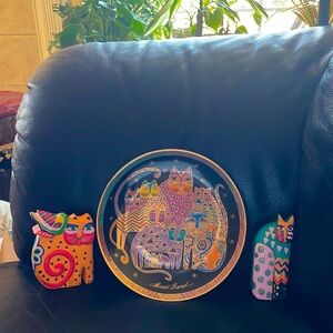 Lot of 3 Laurel Burch Vintage 1994  Decor Pieces- LE plate & 2 painted wood cats